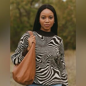 H&M Artful Chocolate Brown Cream Abstract Knit Sweater Small